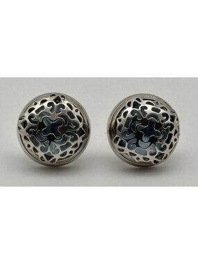 Vintage Avon Button Earrings with Silver Laser-Cut Scroll Dome Design Blue Stone